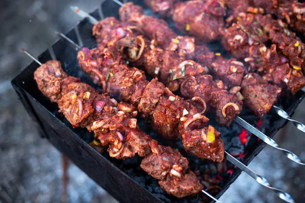 焼き肉 焼き上げに玉ねぎを添えた串焼き — ストック写真