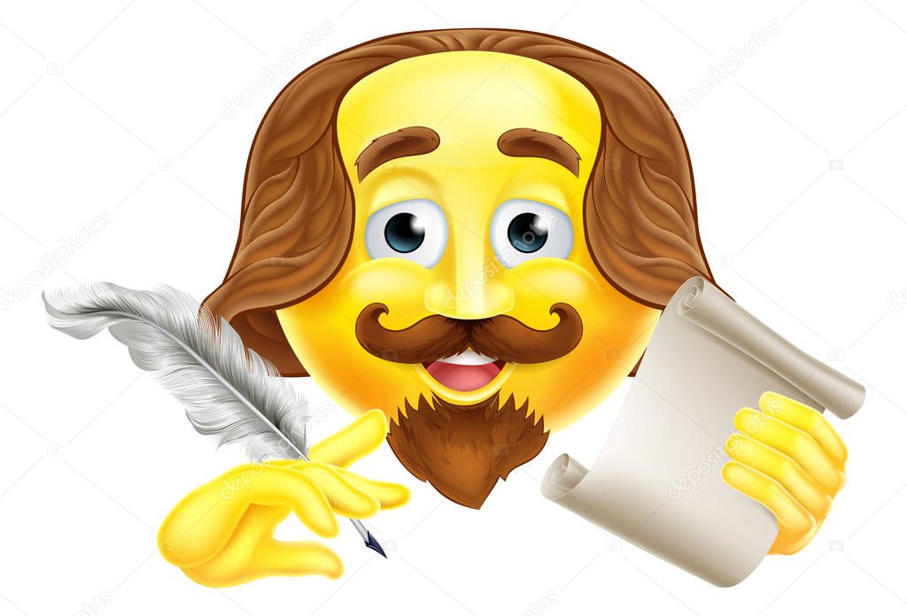 A Shakespeare emoji emoticon smiley face character holding a quill pen and scroll