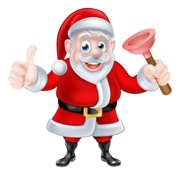 Cartoon Santa Giving Thumbs Up and Holding Plunger — Stock Vector