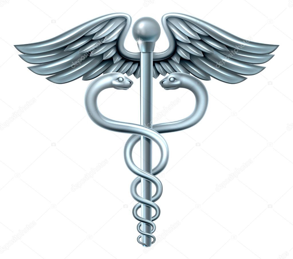 Caduceus medical symbol or symbol for commerce featuring intertwined snakes around a winged rod