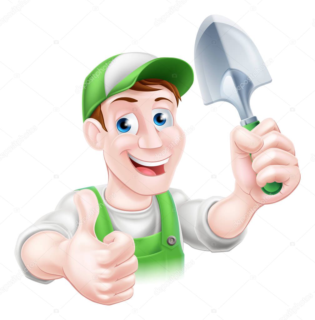 A cartoon gardener character in a cap and green dungarees holding a garden trowel tool and giving a thumbs up