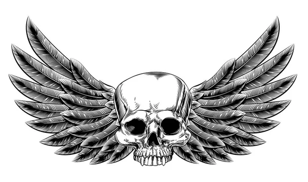 Vintage Woodcut Winged Skull — Stock Vector