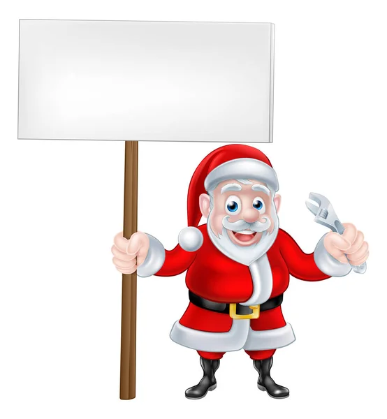 Caricatura Santa Holding signo y llave inglesa — Vector de stock