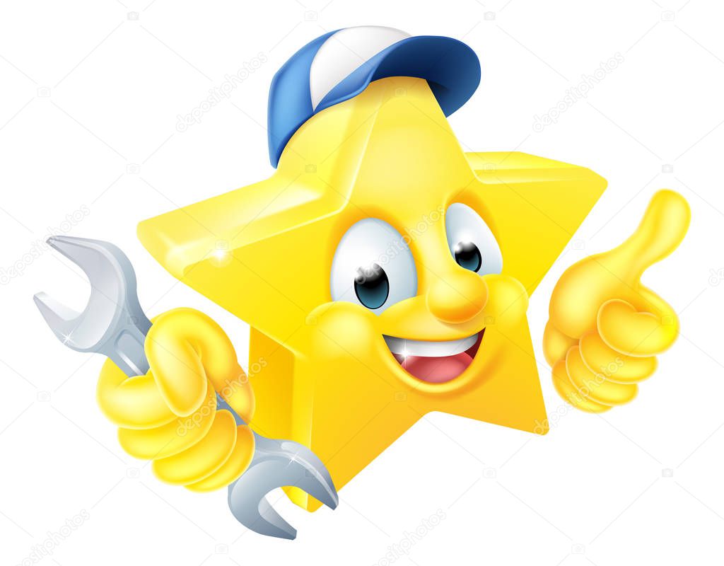 Cartoon star Plumber or Mechanic emoji emoticon mascot character holding a spanner