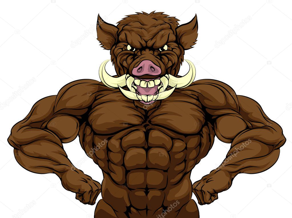 Boar warthog razorback animal mascot showing off his muscles and ready for a fight