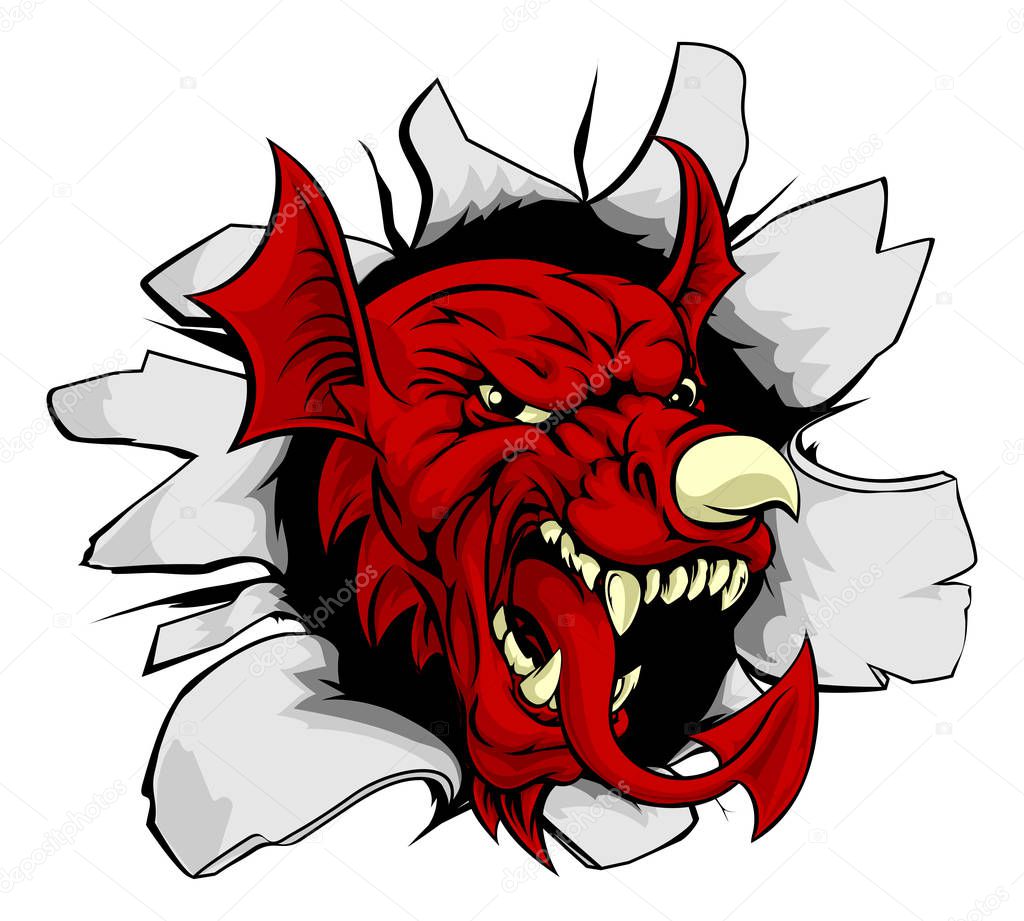 An illustration of the Welsh national symbol of the red dragon Y Ddraig Goch with the same features as on the flag of wales, like the nose horn and tongue breaking through the background. Great sports