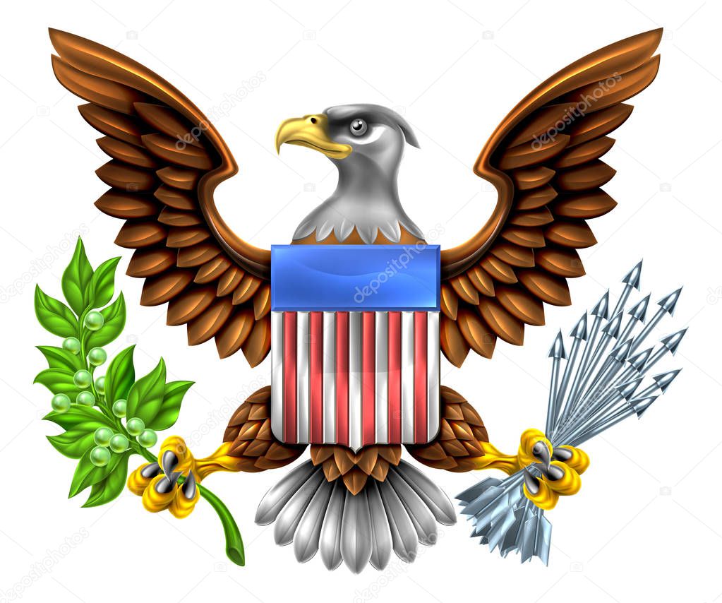American Eagle Design with bald eagle like that found on the Great Seal of the United States holding an olive branch and arrows with American flag shield