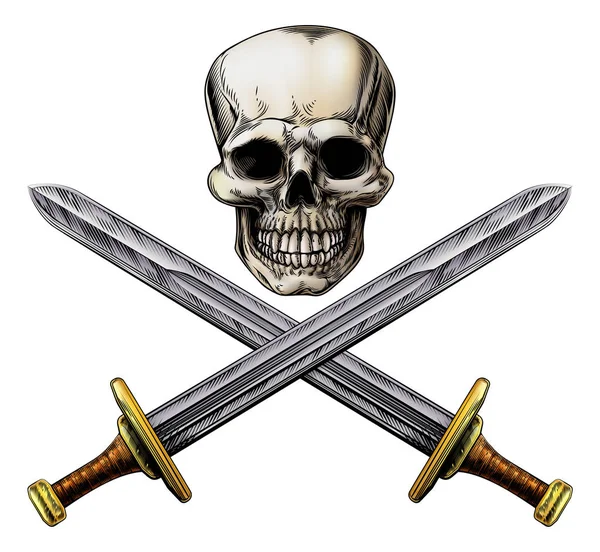 Lebka a přes meče pirát znamení — Stockový vektor