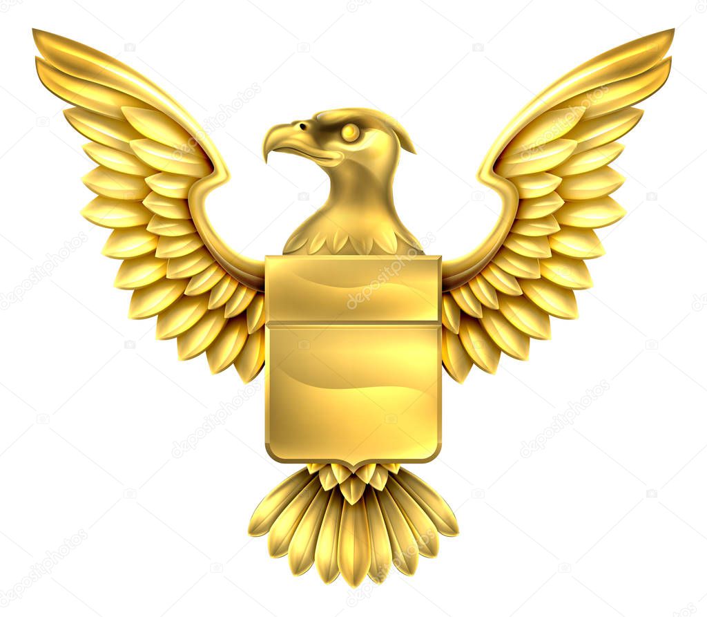 An eagle golden metal shield heraldic heraldry coat of arms design.