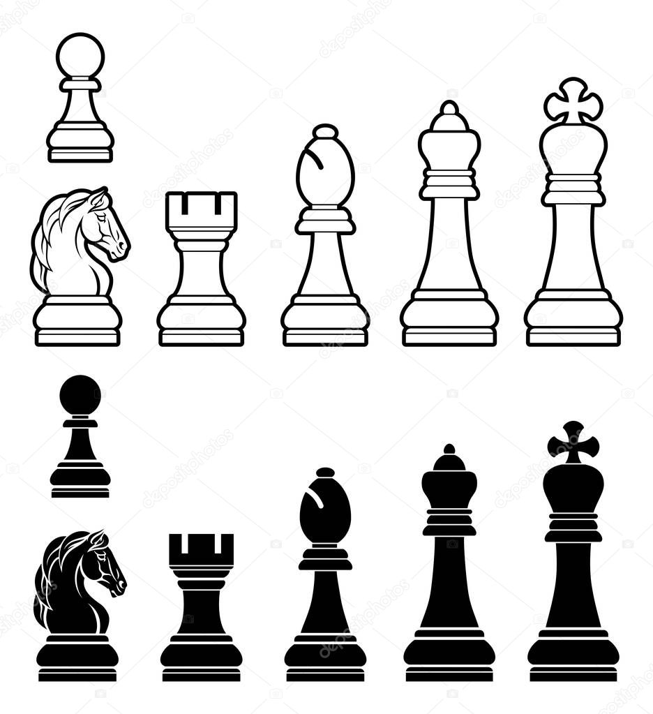 A complete set of chess pieces in black and white