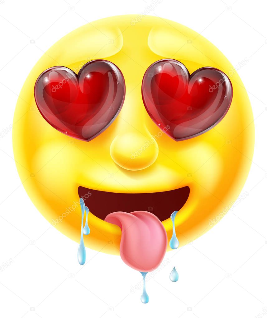 A cartoon emoji emoticon smiley face character in love or lusting after something with hearts for eyes drooling