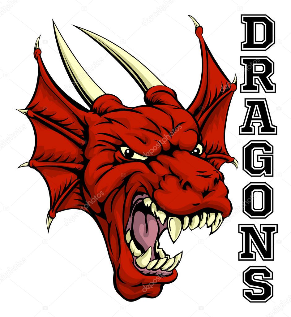 An illustration of a cartoon red dragon sports team mascot with the text Dragons