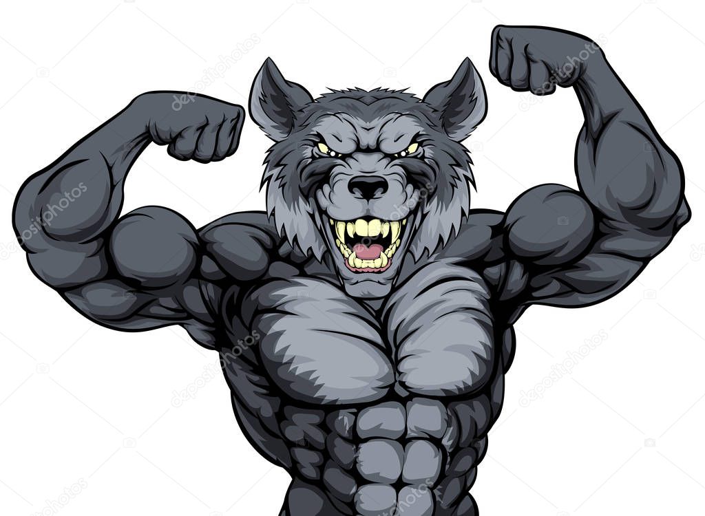 Wolf sports mascot showing off his biceps and ready for a fight