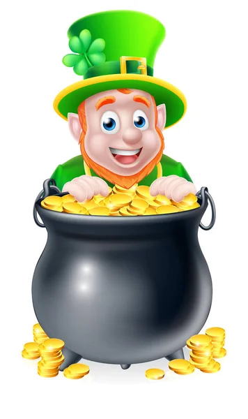 Cartoon Leprechaun and Pot of Gold — Stock Vector