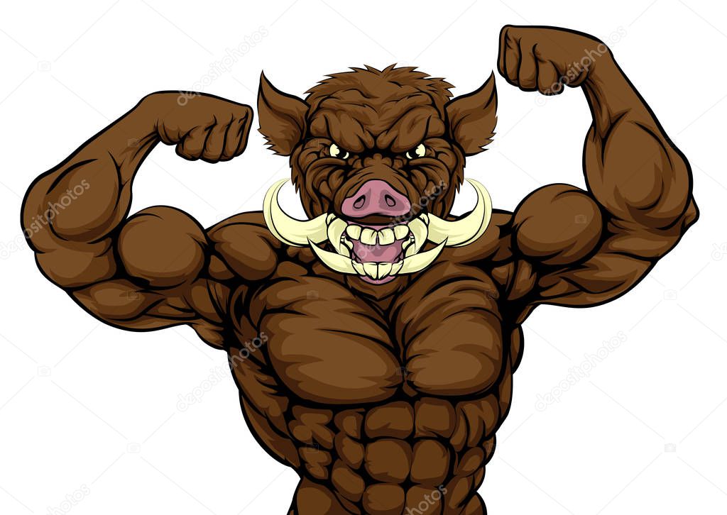 Boar razorback warthog animal sports mascot showing off his biceps and ready for a brawl