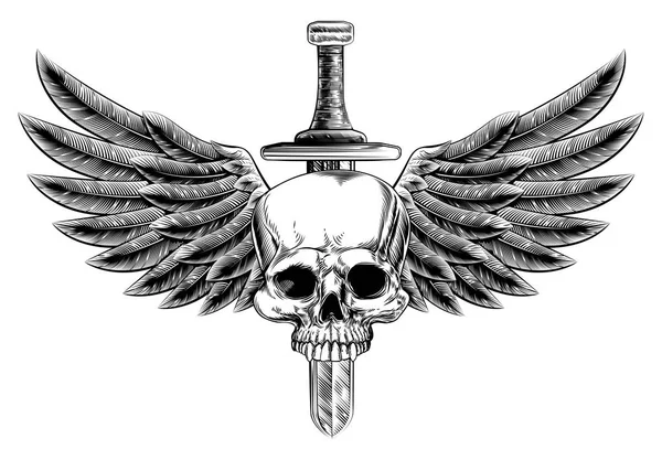 Houtsnede Winged Skull zwaard Insignia — Stockvector