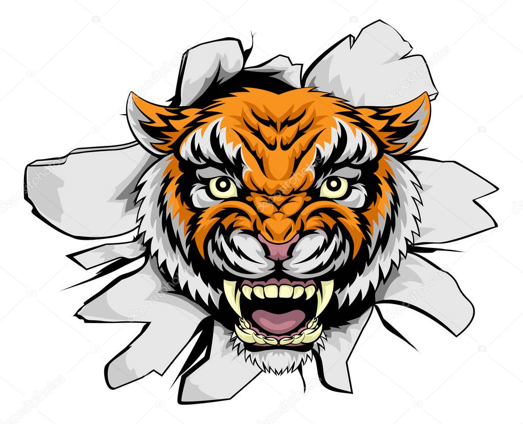 A mean tiger animal sports mascot ripping through the background