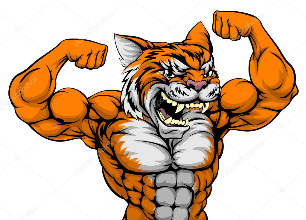 A tiger animal sports mascot showing off his huge bicep muscles