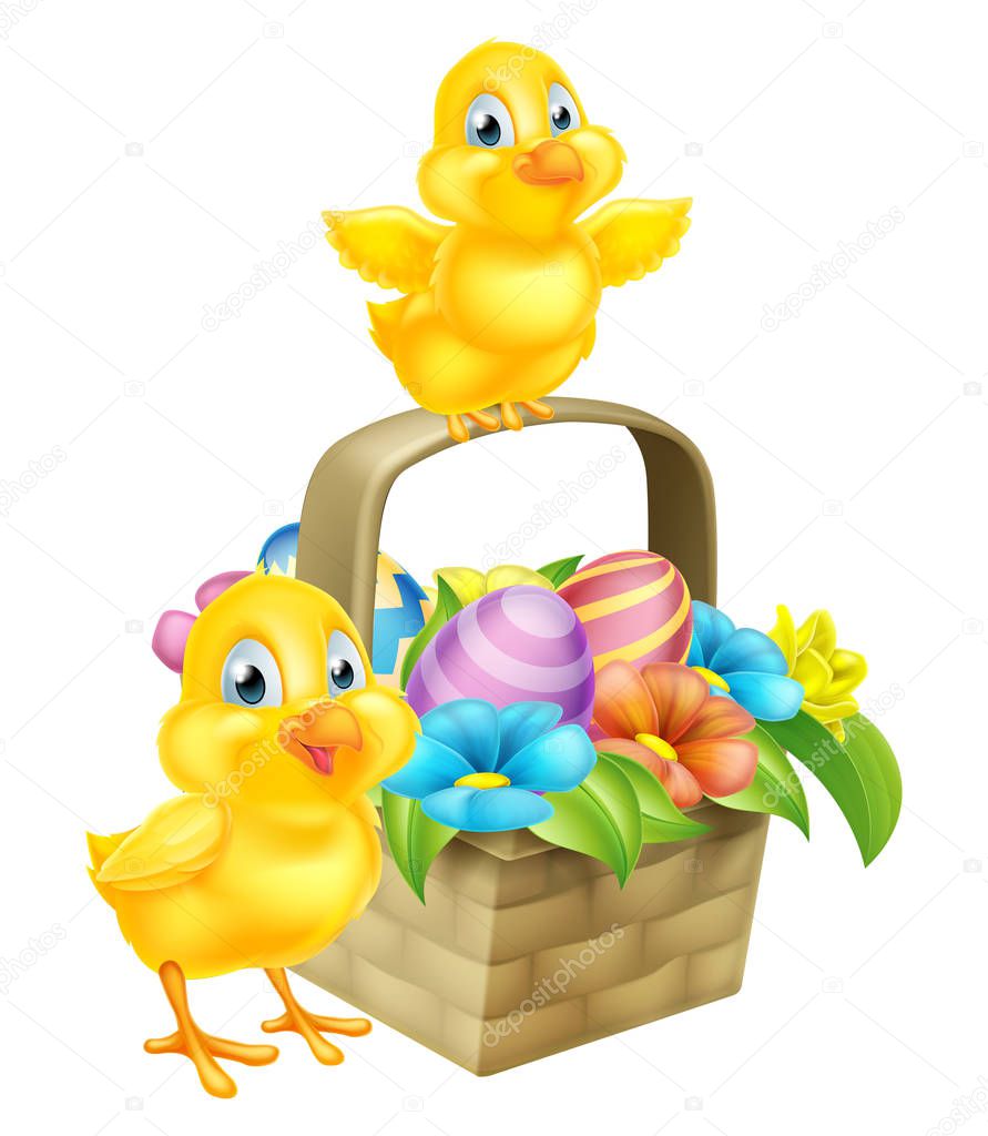 Cartoon Chicks and Easter Eggs Basket