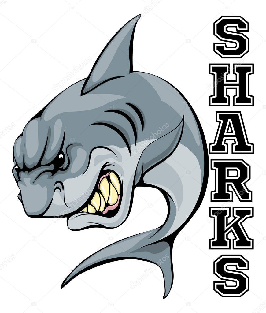 An illustration of a cartoon shark sports team mascot with the text Sharks