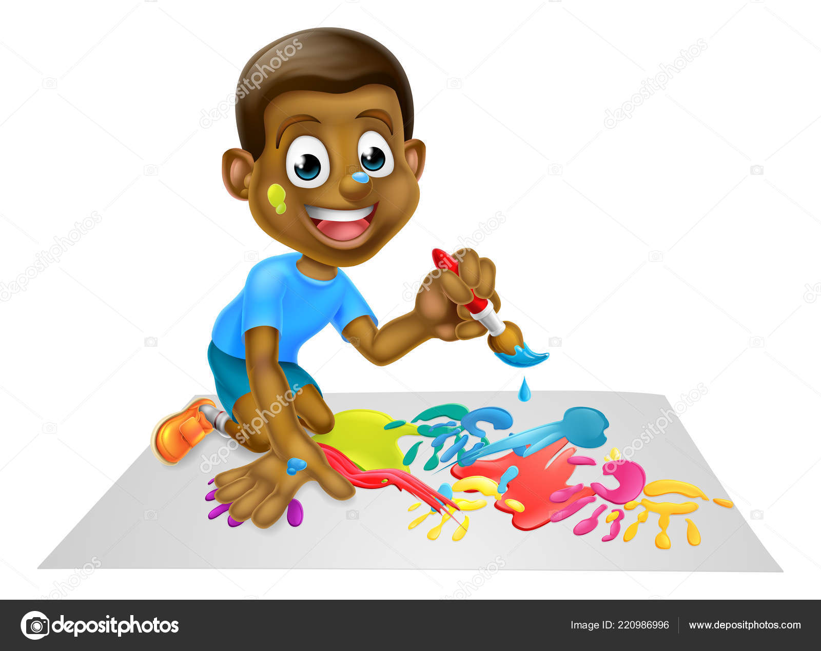 Um garoto de desenho animado está pintando com um pincel e uma