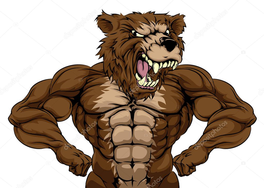 Grizzly bear animal mascot showing off his muscles and ready for a fight