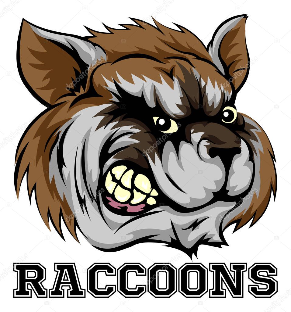 An illustration of a cartoon raccoon sports team mascot with the text Raccoons