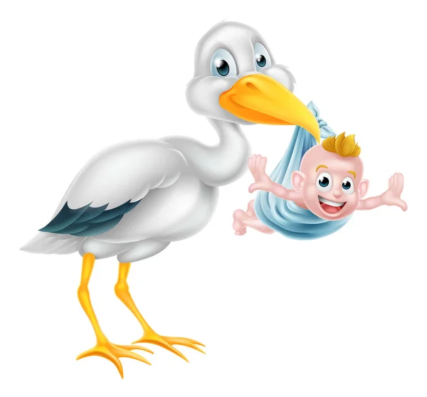 Cartoon Stork Holding New Born Baby — Stock Vector