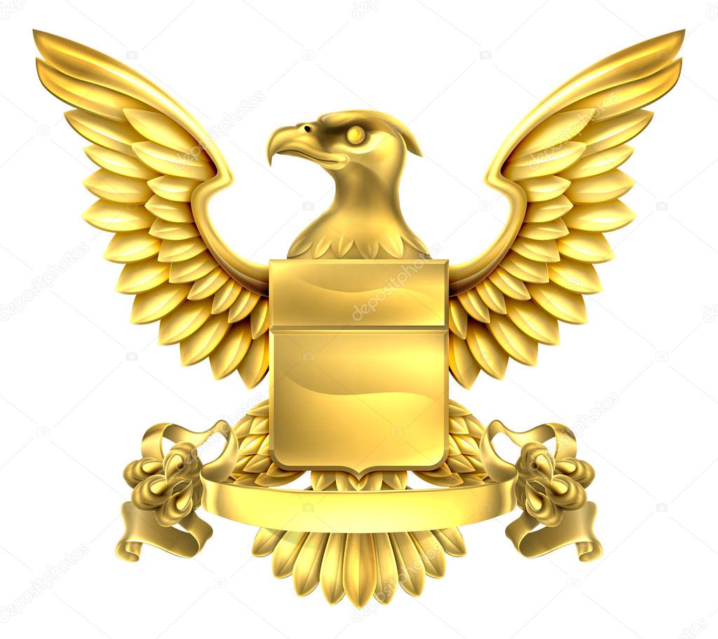 A eagle gold metal shield heraldic heraldry coat of arms design with a banner scroll.