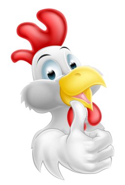 Sevimli bir tavuk maskotu başparmağını kaldırıyor.
