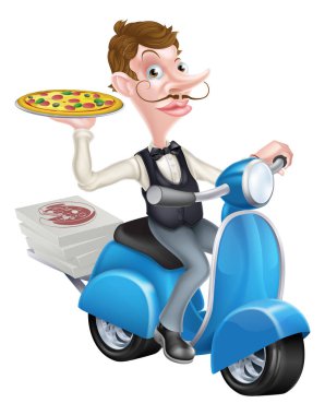 Çizgi film garson Scooter üzerinde teslim Pizza Moped