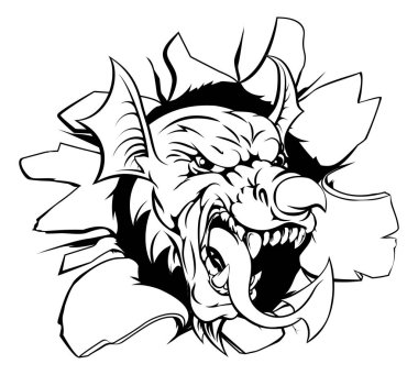 Galli kızıl ejder Y Ddraig Goch Wales, bayrak burun boynuz ve arka plan ile kırma dil gibi aynı özellikleri ile. Büyük spor maskot.