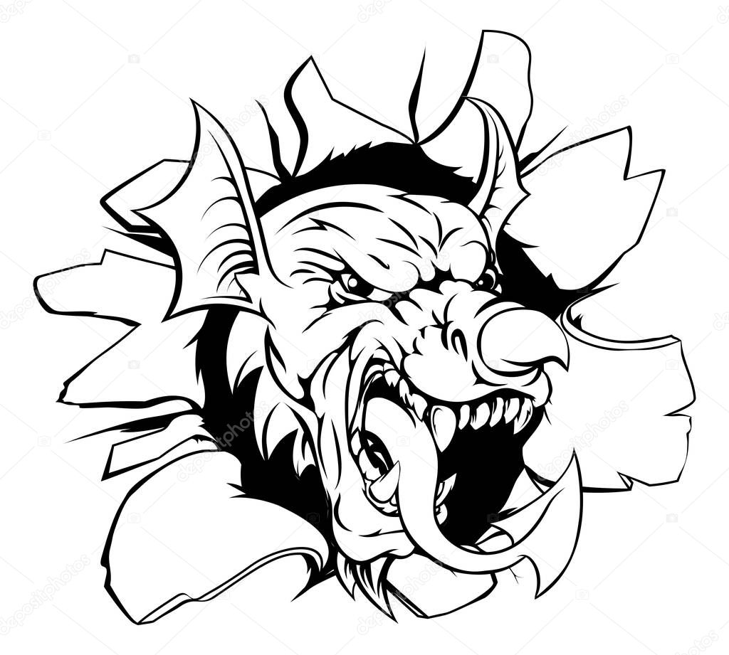 Welsh red dragon Y Ddraig Goch with the same features as on the flag of Wales, like the nose horn and tongue breaking through the background. Great sports mascot.