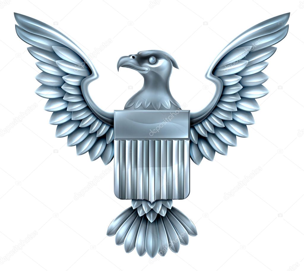 Silver steel metal American Eagle Design with bald eagle of the United States with American flag shield