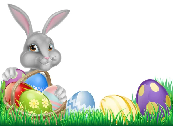 Canasta de conejo y huevos de Pascua — Vector de stock