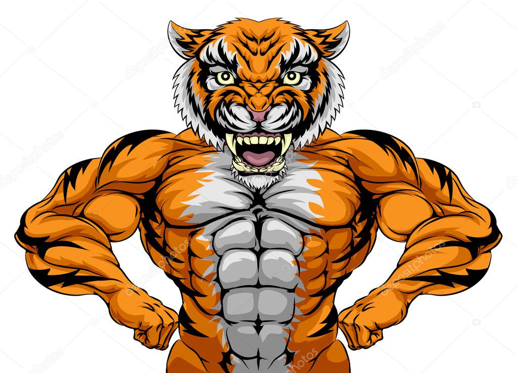 A tiger animal sports mascot showing off his huge muscles