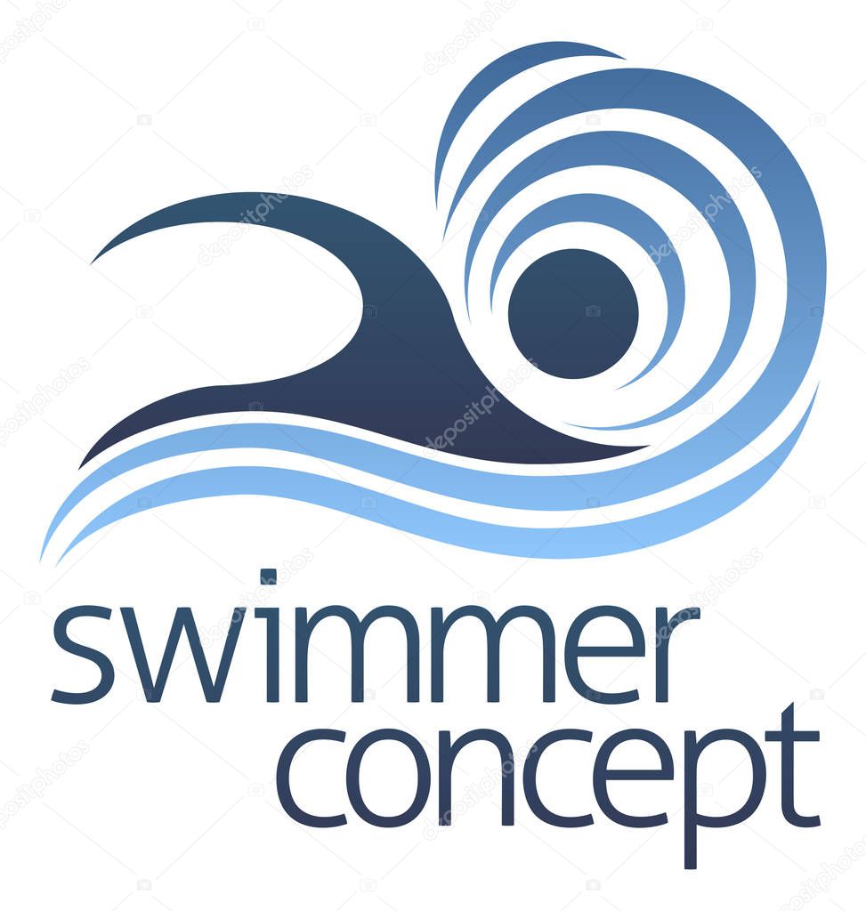 An abstract icon of a swimmer swimming in the water