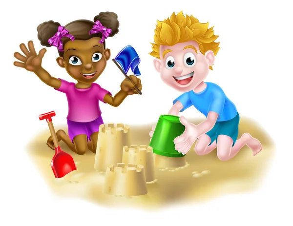 Spelende kinderen in het zand — Stockvector
