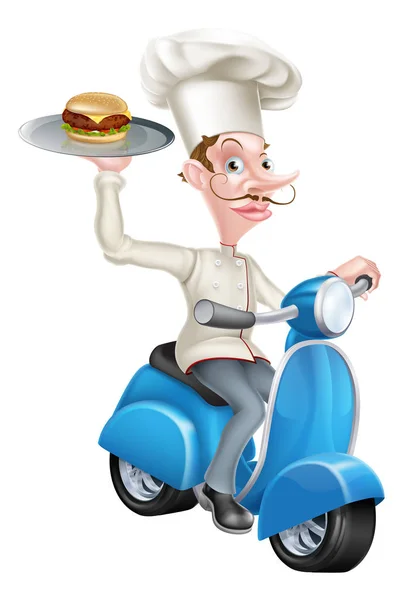 Chef de dibujos animados en Scooter Moped entregando hamburguesa — Vector de stock