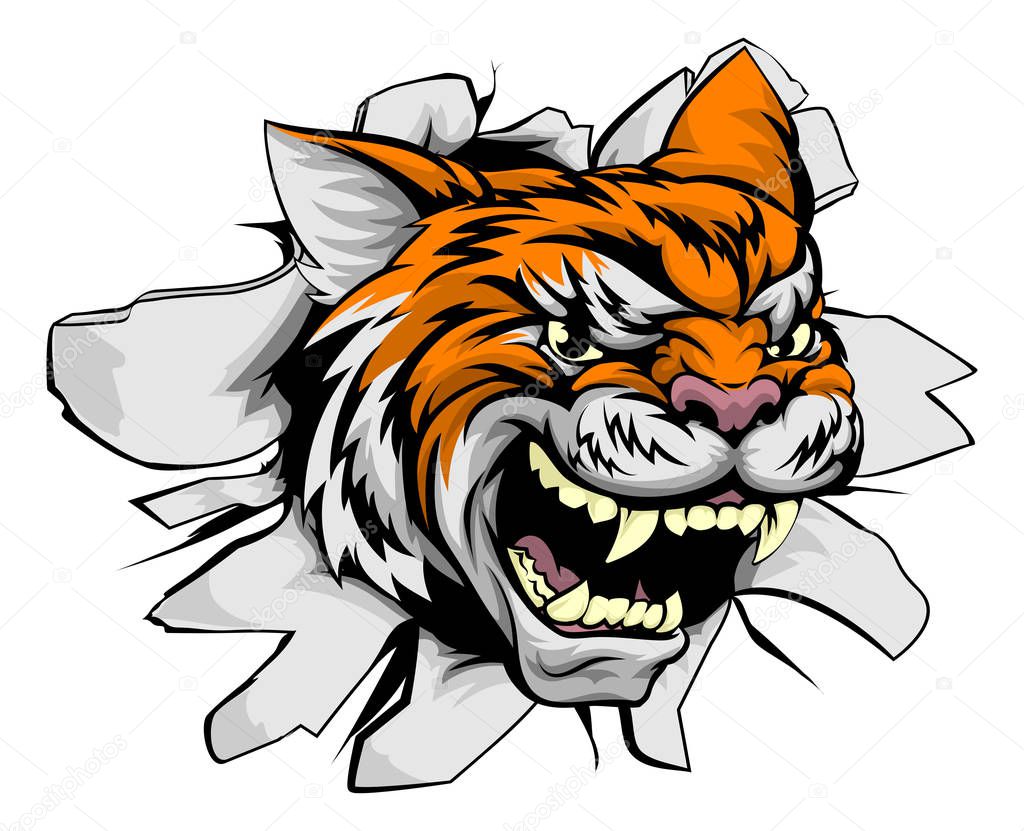 A tiger animal sports mascot bursting through a wall