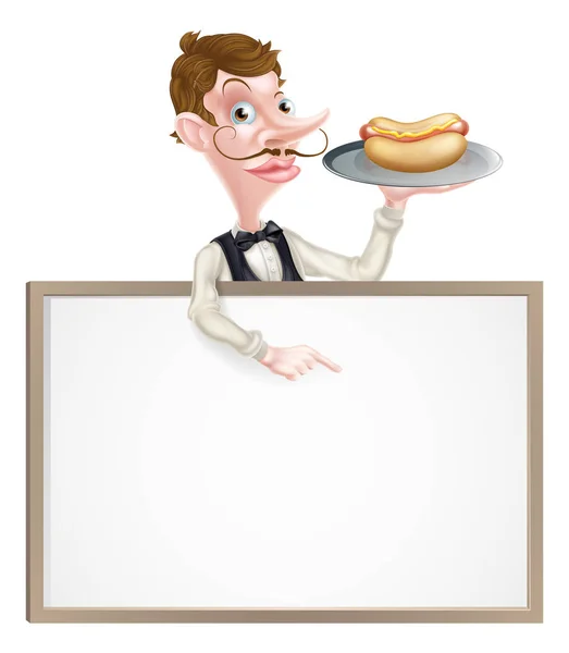 Cartoon Waiter Hotdog Sign — Stock Vector