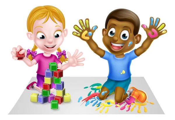Spelen Cartoon jongen en meisje — Stockvector