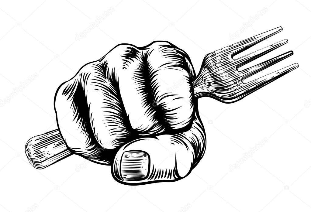 A vintage etched woodcut style fist holding a fork