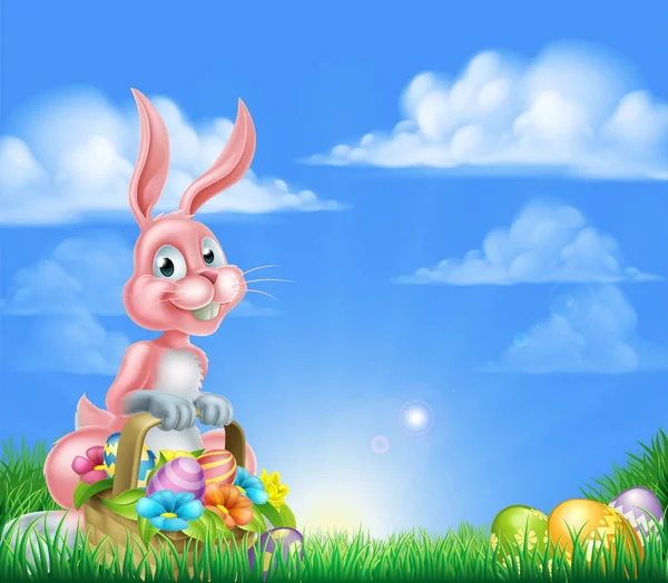 Cartoon roze Easter Bunny ei Basket — Stockvector