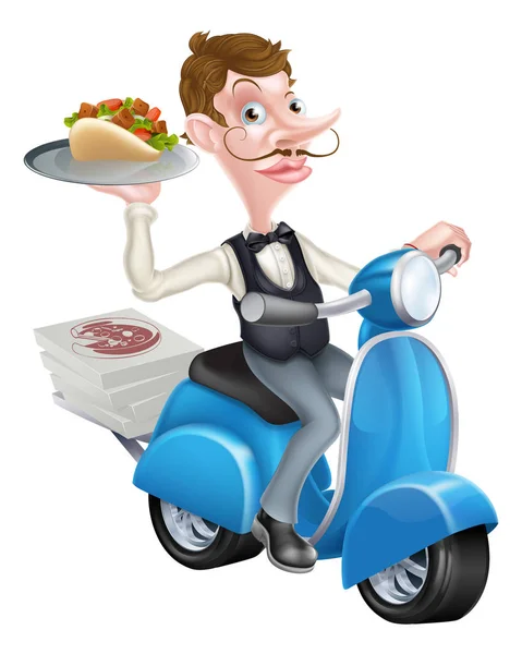 Scooter de camarero de dibujos animados entregando Shawarma — Vector de stock