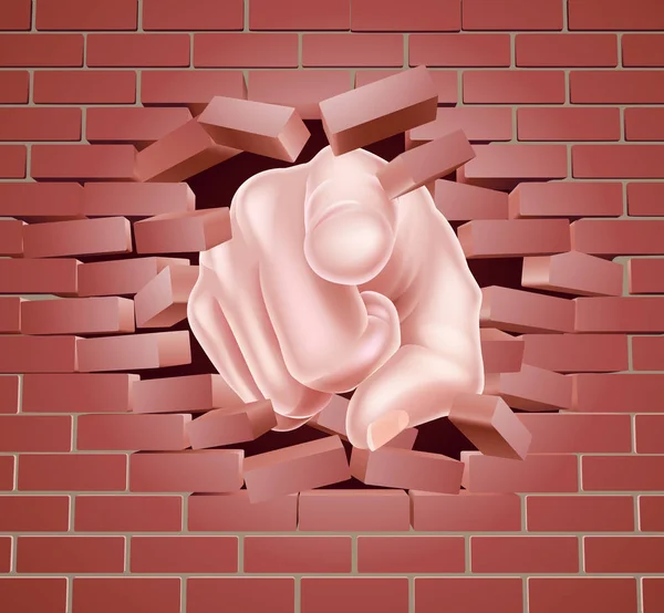 Apontando mão quebrando parede de tijolo vermelho — Vetor de Stock