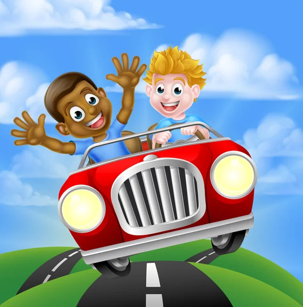 Cartoon Boys Driving Car - Stok Vektor