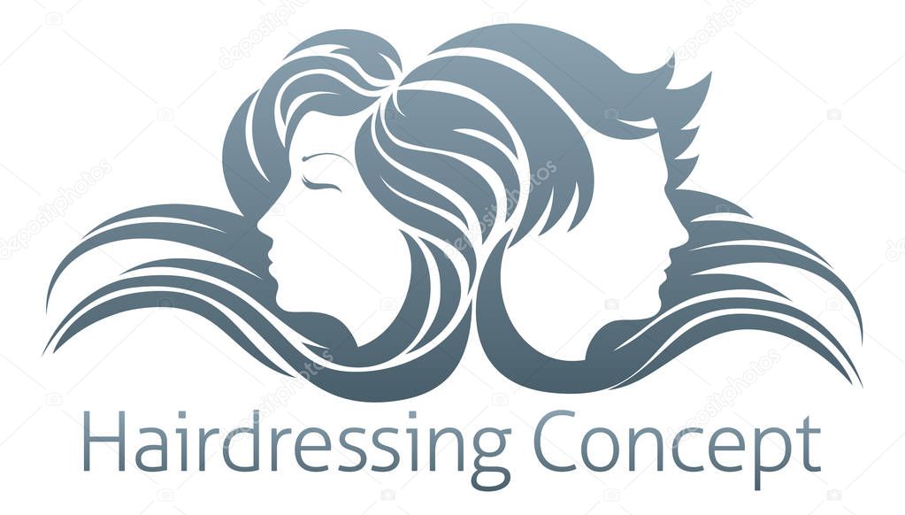 Faces of a handsome man and beautiful woman with flowing hair