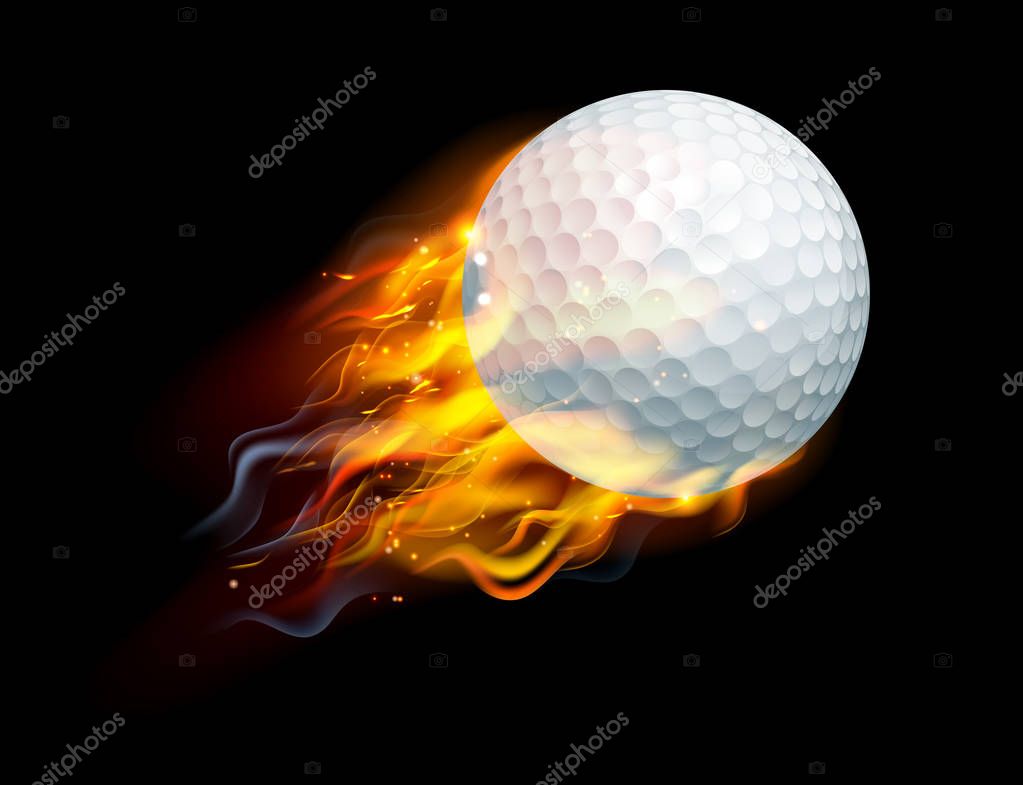 A flaming golf ball on fire flying through the air
