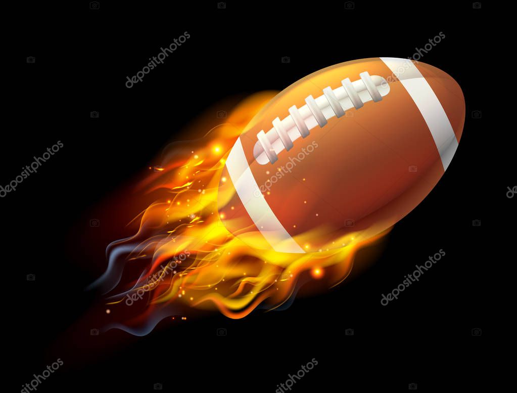 A flaming American football ball on fire flying through the air